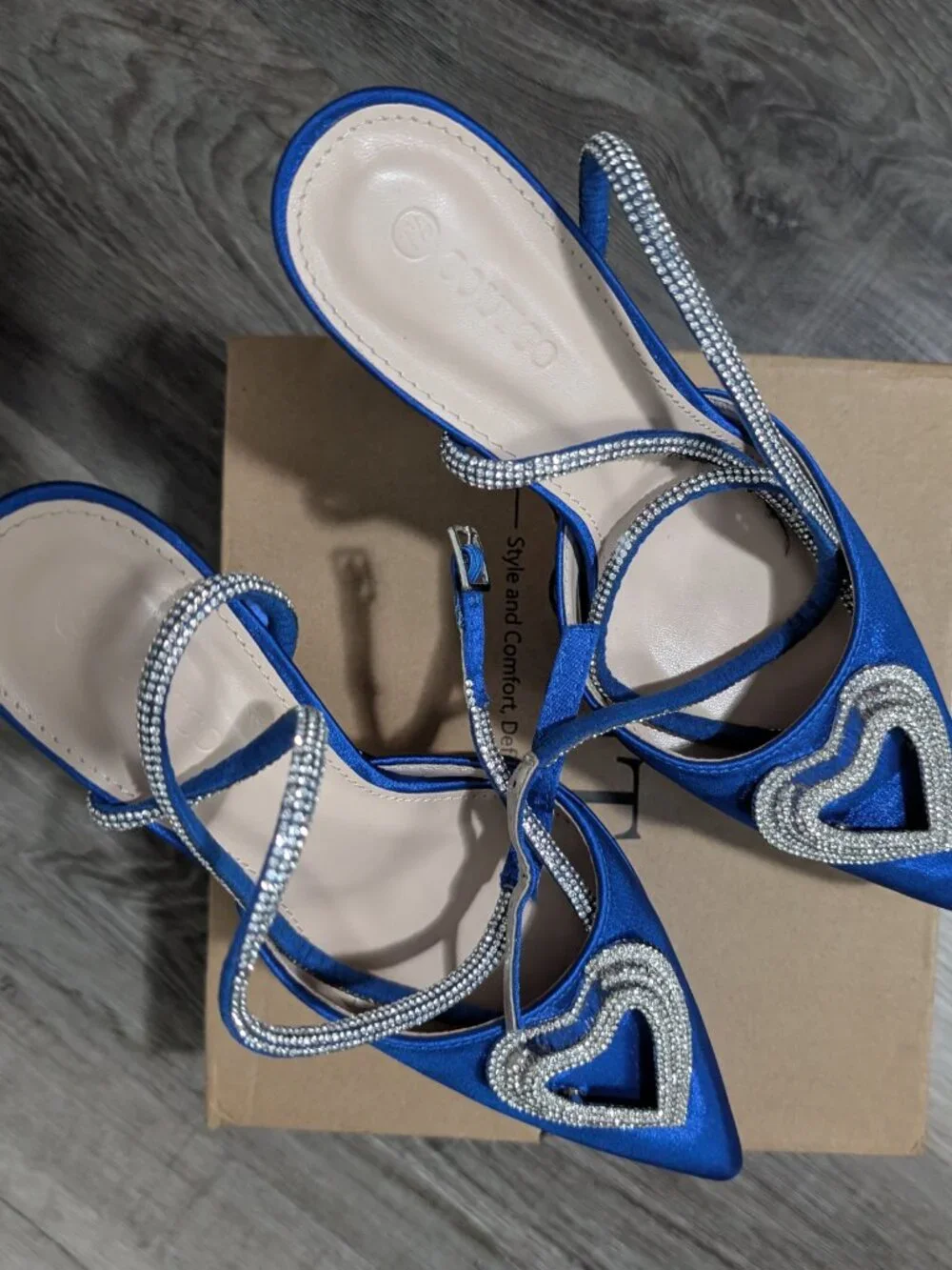 Coutgo Royal Blue Rhinestone Heart Heels Size 7.5 Ankle Strap Dress Pumps point
